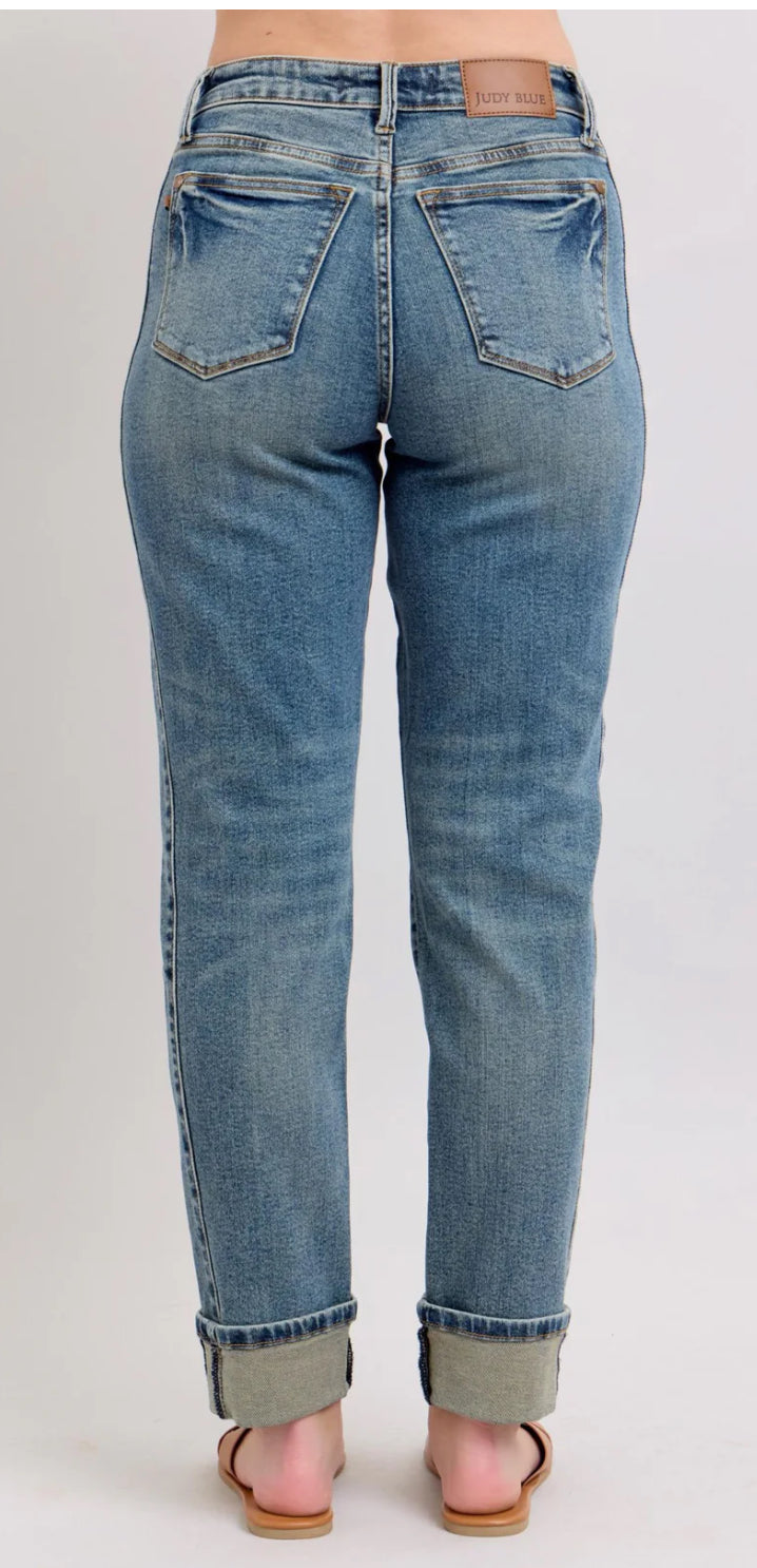 Judy Blue Mid Rise Vintage Wash SS Panel & Double Roll Cuff Boyfriend Jean