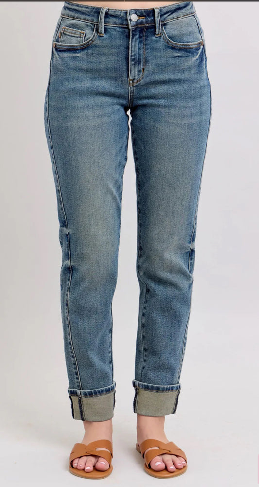 Judy Blue Mid Rise Vintage Wash SS Panel & Double Roll Cuff Boyfriend Jean