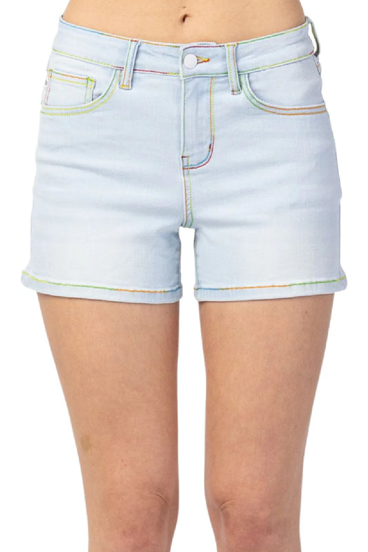 Judy Blue Mid Rise Rainbow Thread Shorts