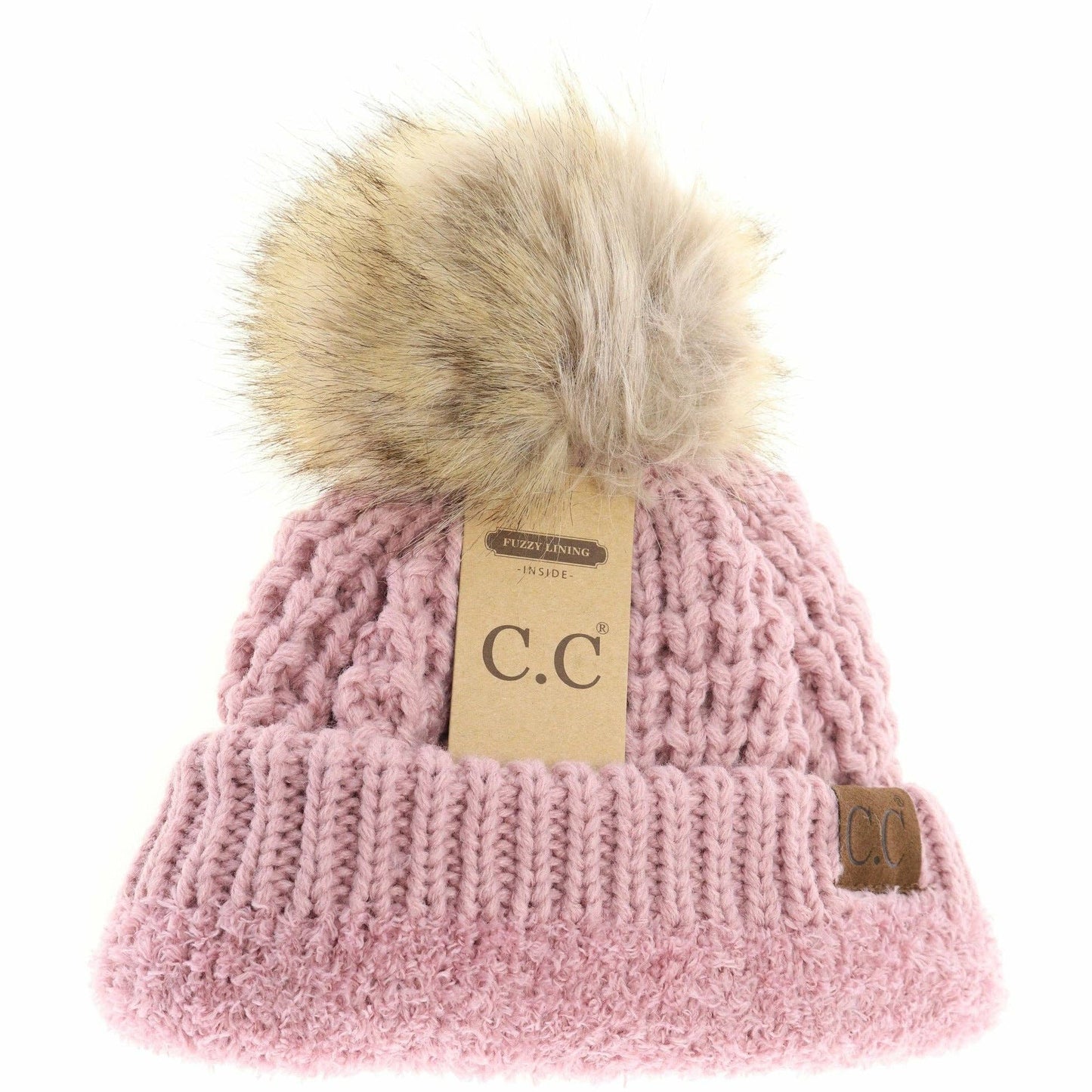 CC Beanie Solid Waffle Stitch Fur Pom