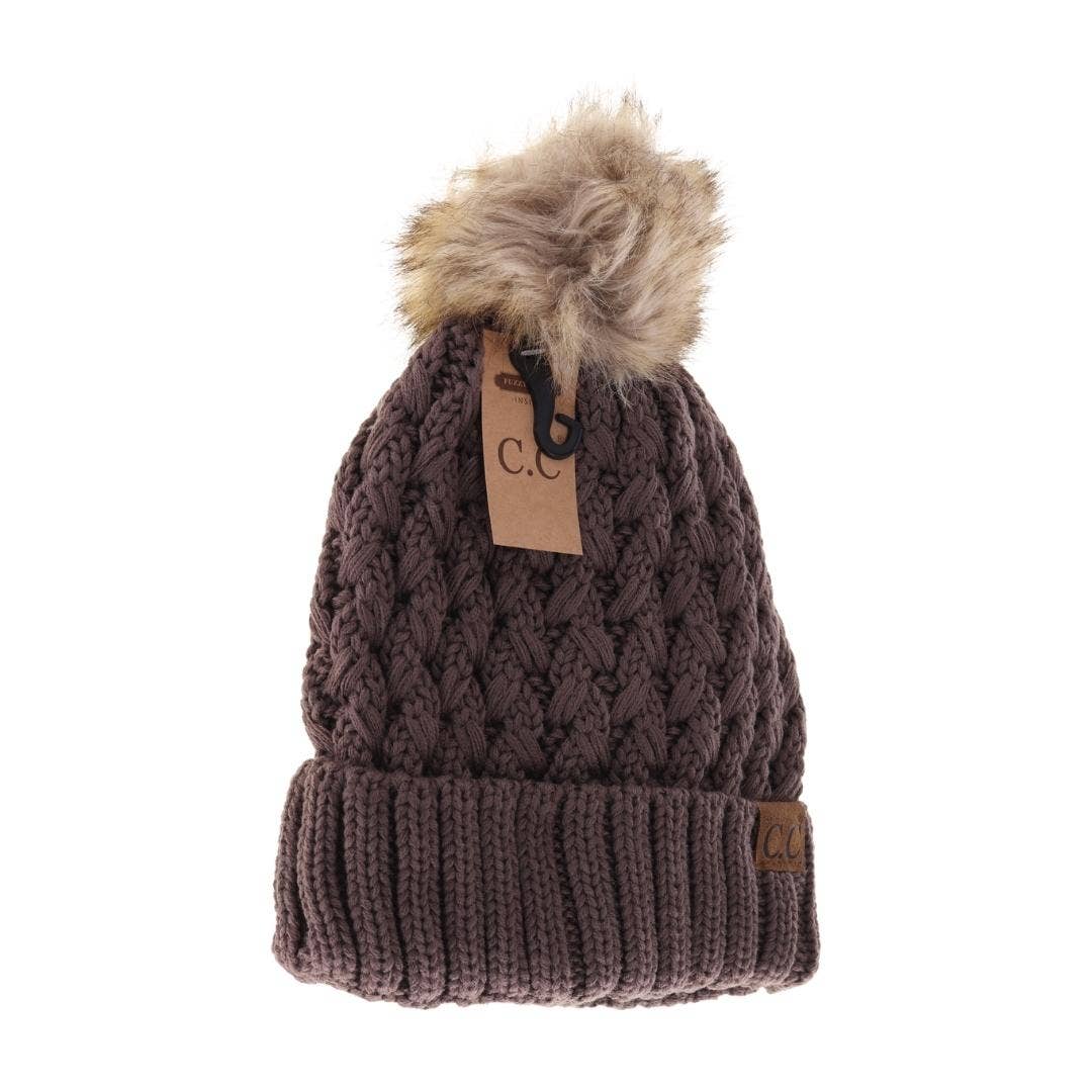 CC Beanie Solid Lattice Stitch Fur Pom Beanie