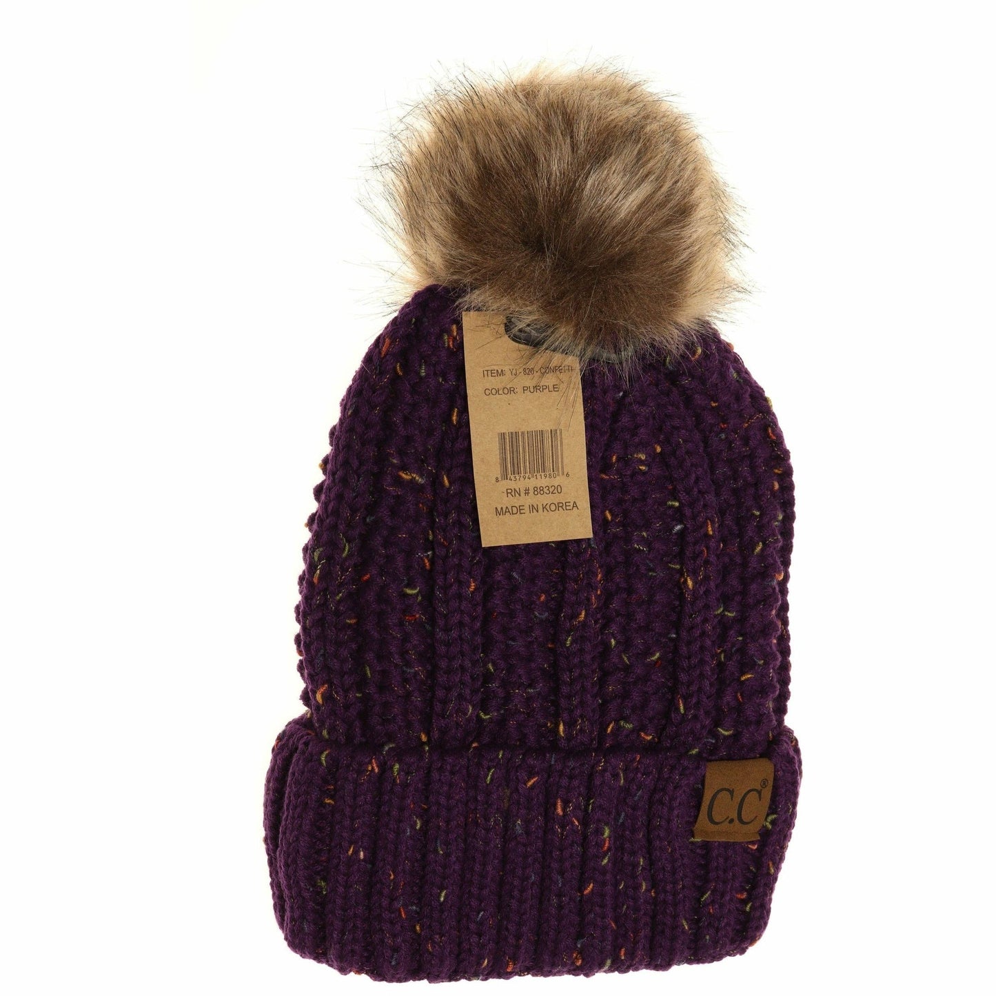 CC Beanie Fuzzy Lined Flecked Fur Pom