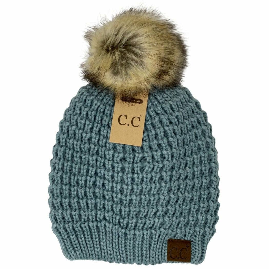 CC Beanie Solid Waffle Stitch Fur Pom