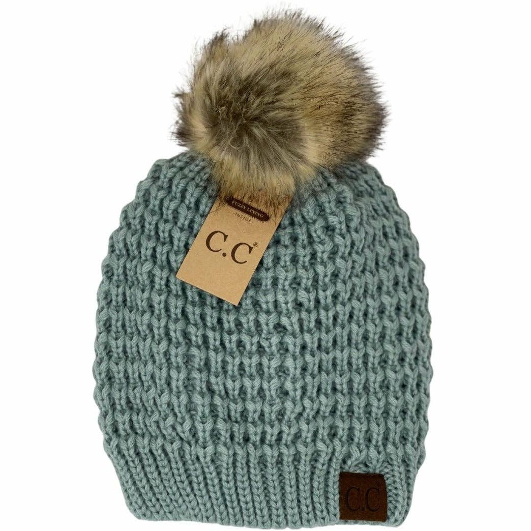 CC Beanie Solid Waffle Stitch Fur Pom