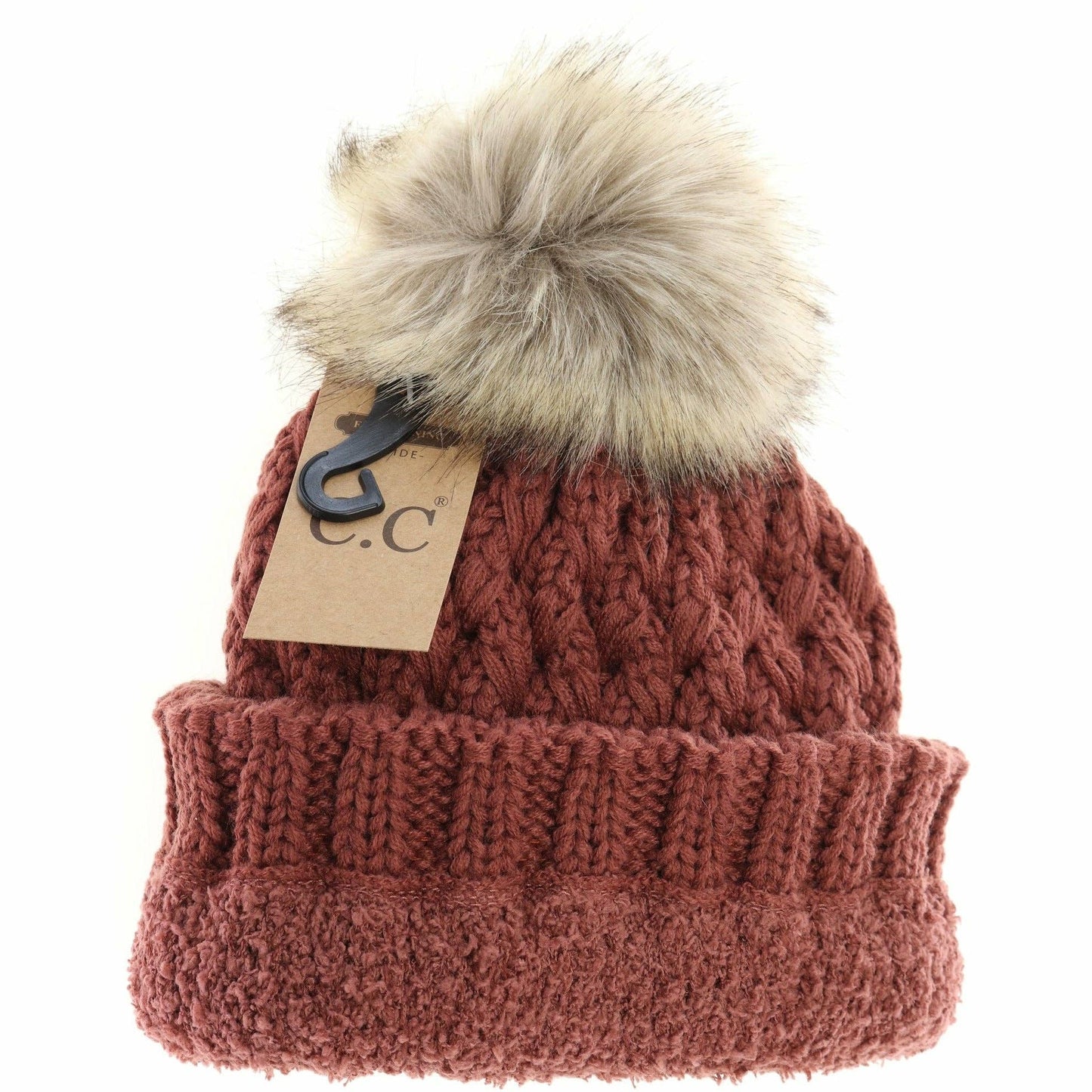 CC Beanie Solid Lattice Stitch Fur Pom Beanie