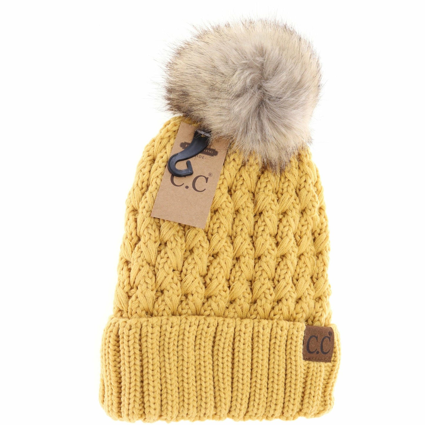 CC Beanie Solid Lattice Stitch Fur Pom Beanie