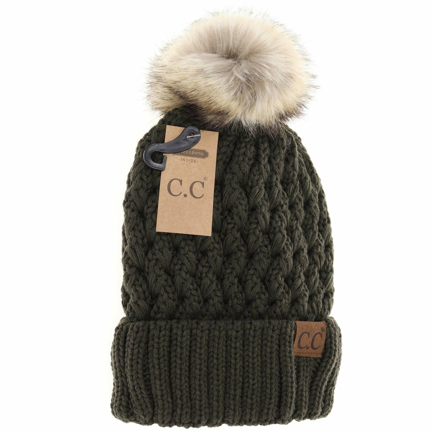 CC Beanie Solid Lattice Stitch Fur Pom Beanie