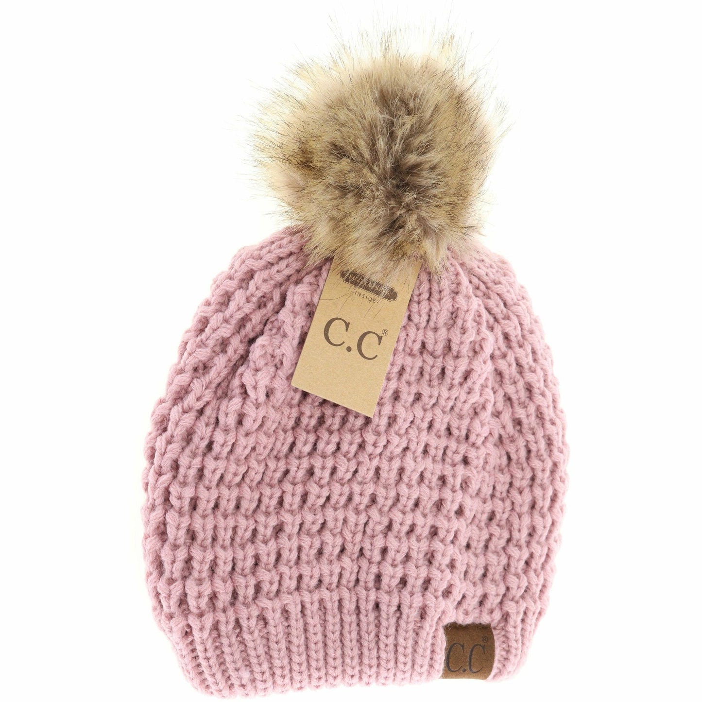 CC Beanie Solid Waffle Stitch Fur Pom