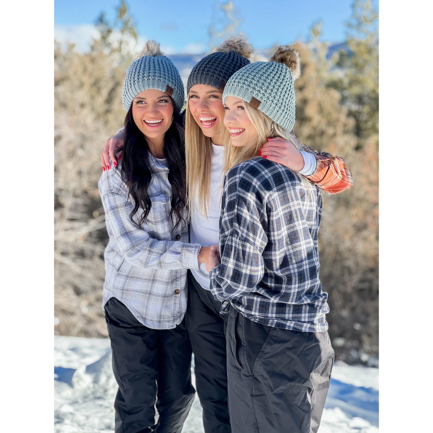 CC Beanie Solid Waffle Stitch Fur Pom