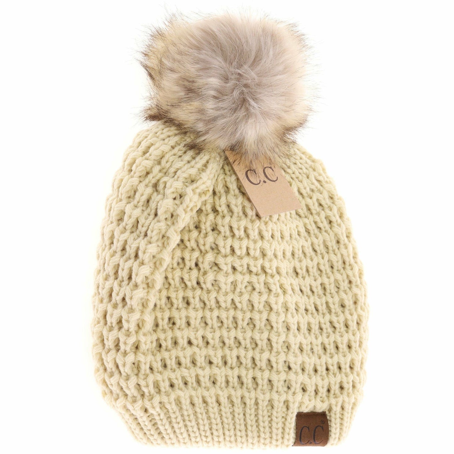 CC Beanie Solid Waffle Stitch Fur Pom