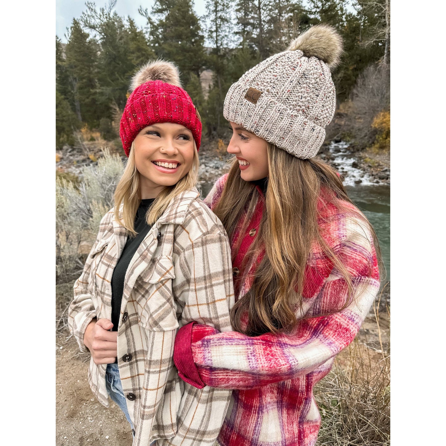 CC Beanie Fuzzy Lined Flecked Fur Pom