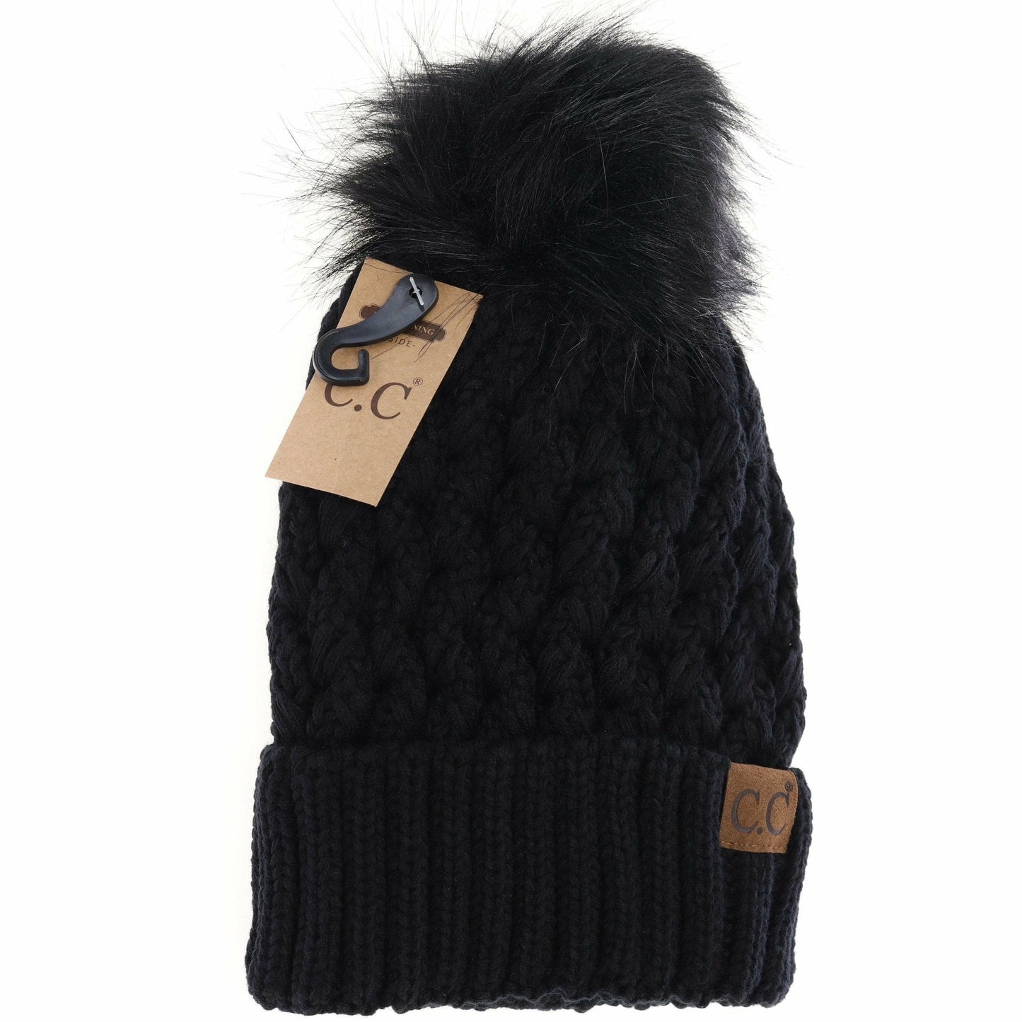 CC Beanie Solid Lattice Stitch Fur Pom Beanie