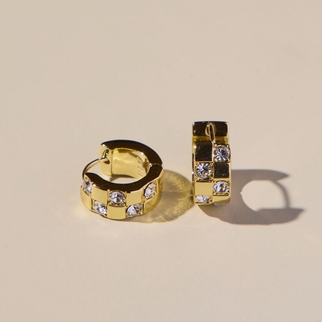 Gold Pavé Checkered Huggies
