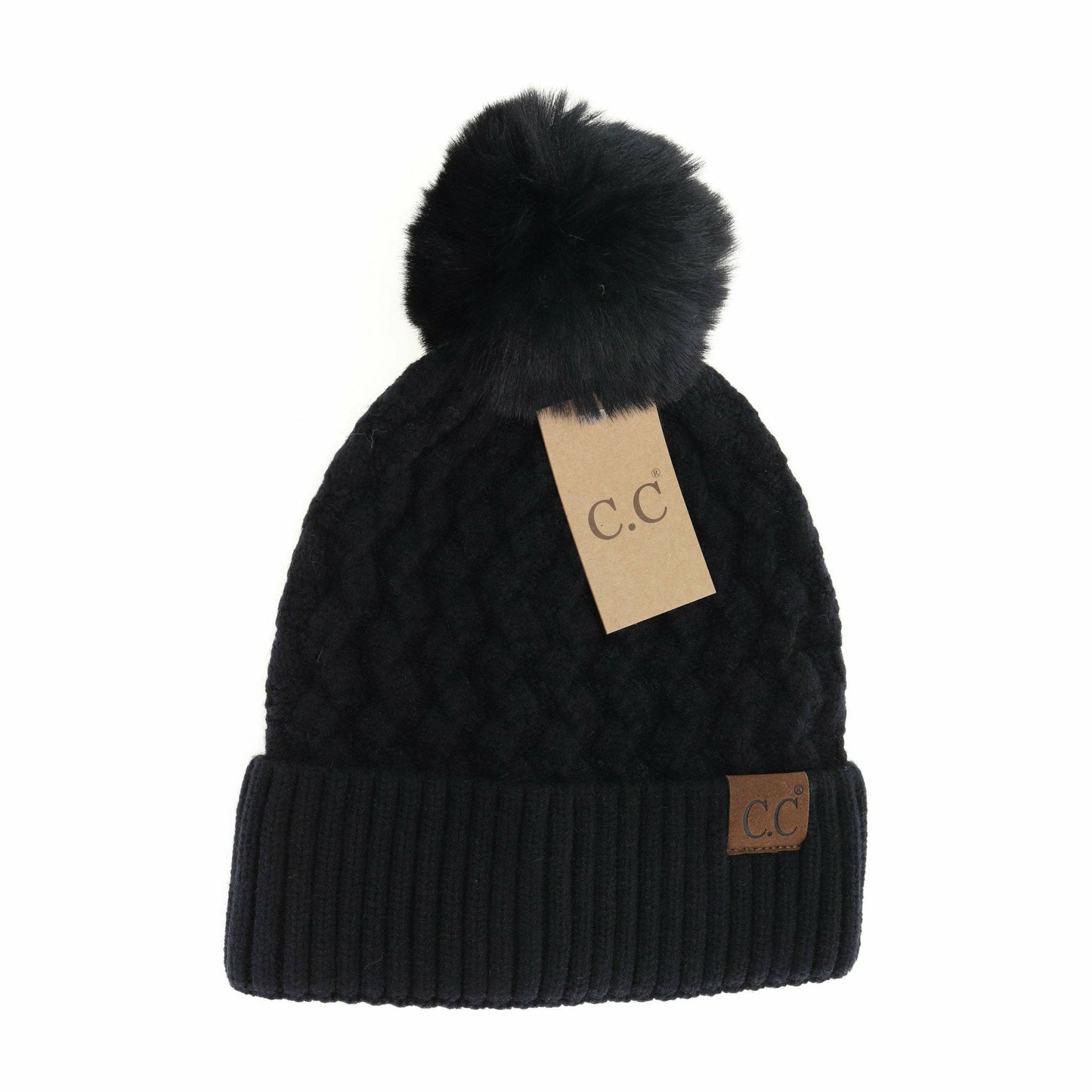 Woven Cable Knit Cuffed Matching Fur Pom CC Beanie