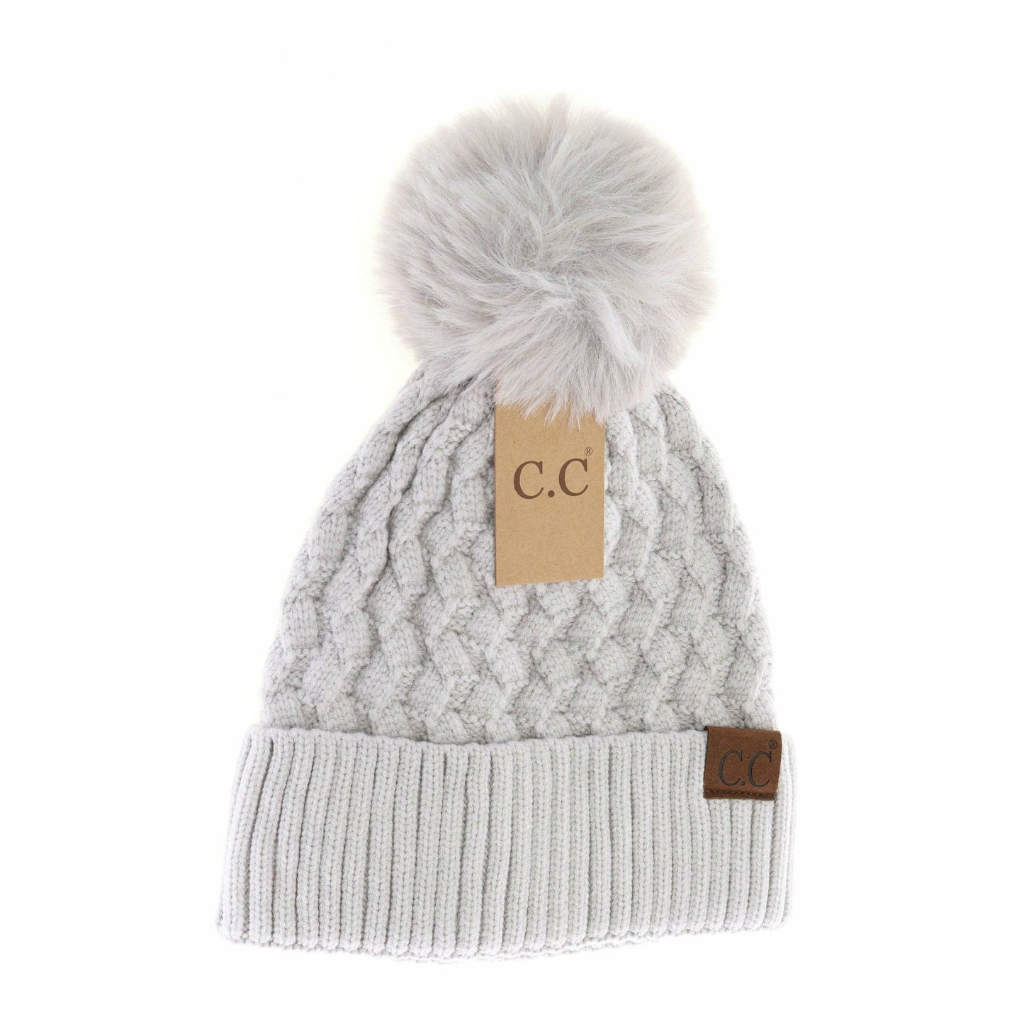 Woven Cable Knit Cuffed Matching Fur Pom CC Beanie