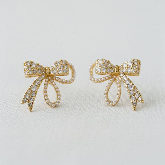 Vintage Inspired Pearl and Cubic Zirconia Bowknot Earrings
