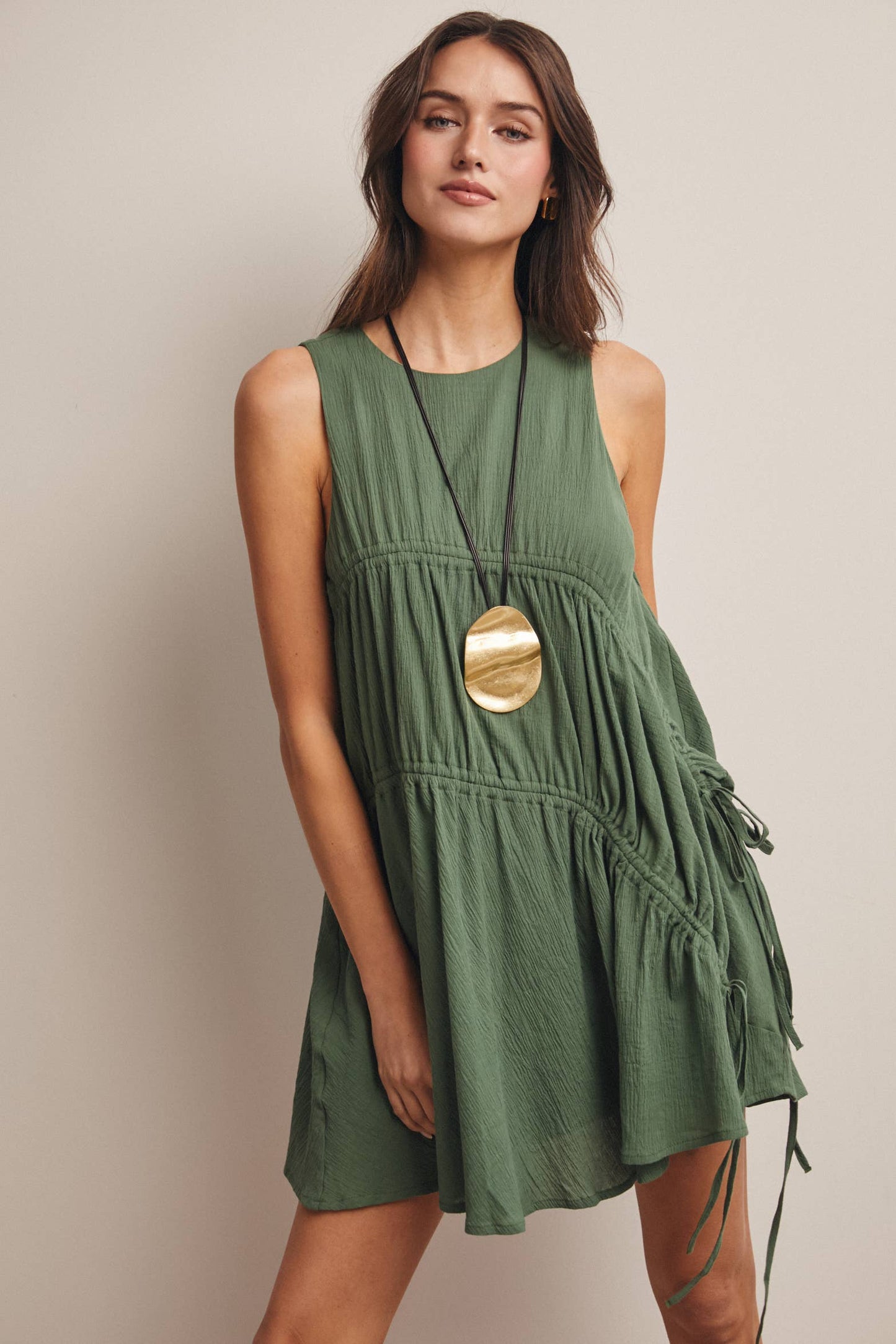 Ruched Tie Detail Lined Mini Dress
