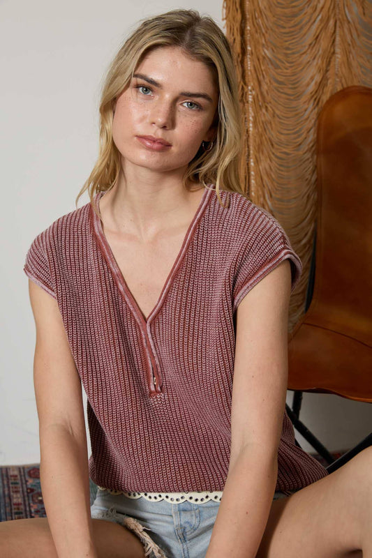Raw Edge Henley Sweater Top