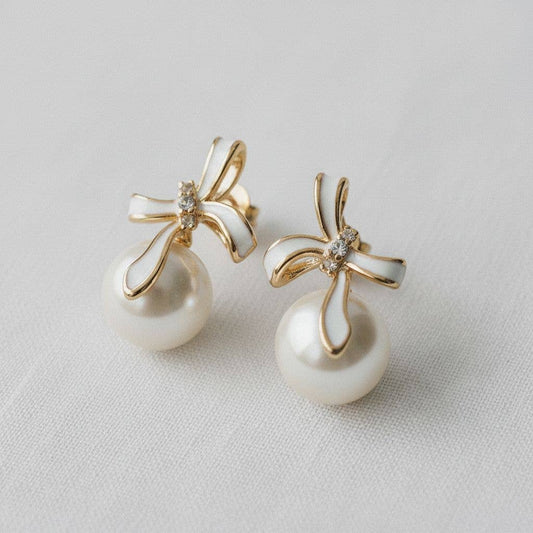 Pearl Bowknot Stud Earrings with French Elegance