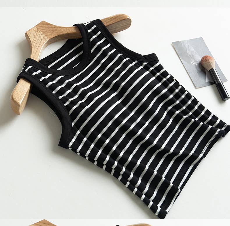 Daily Basic cotton blend stripe fitted tank top w self bra