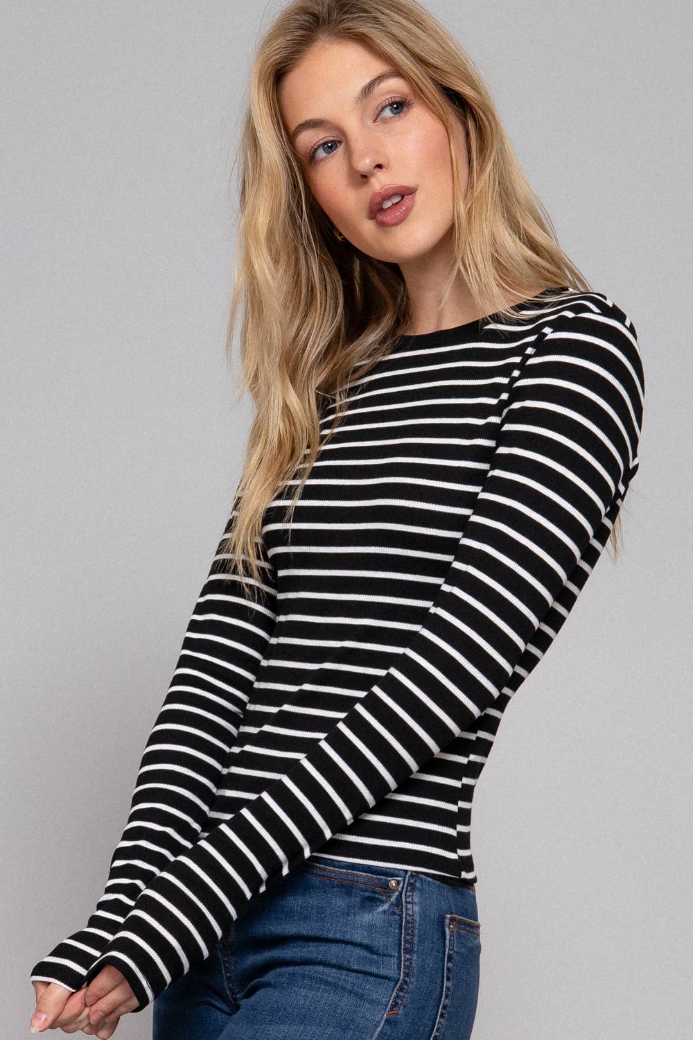 Long Sleeve Crew Neck Yarn Dyed Stripe Knit Top