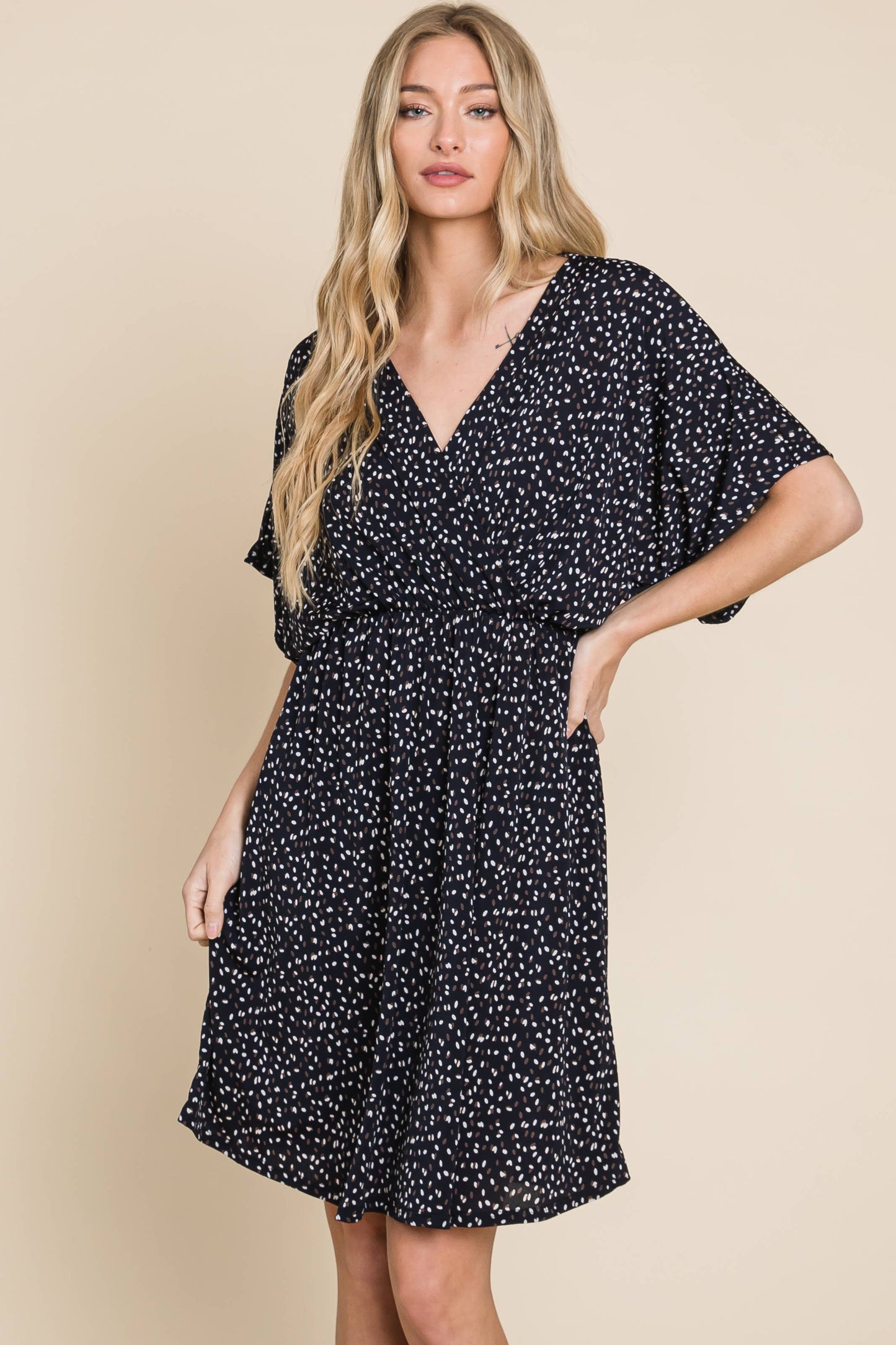 Blue Dot Wrap V Neck Dress