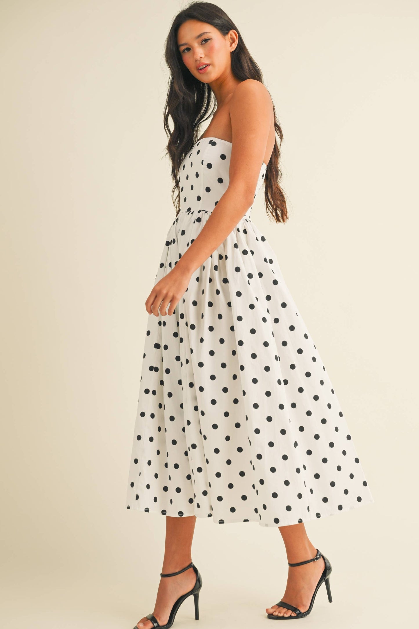 Polka Dot Strapless Tea Length Dress