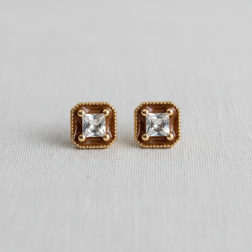 Burgundy Enamel and Zircon Stud Earrings