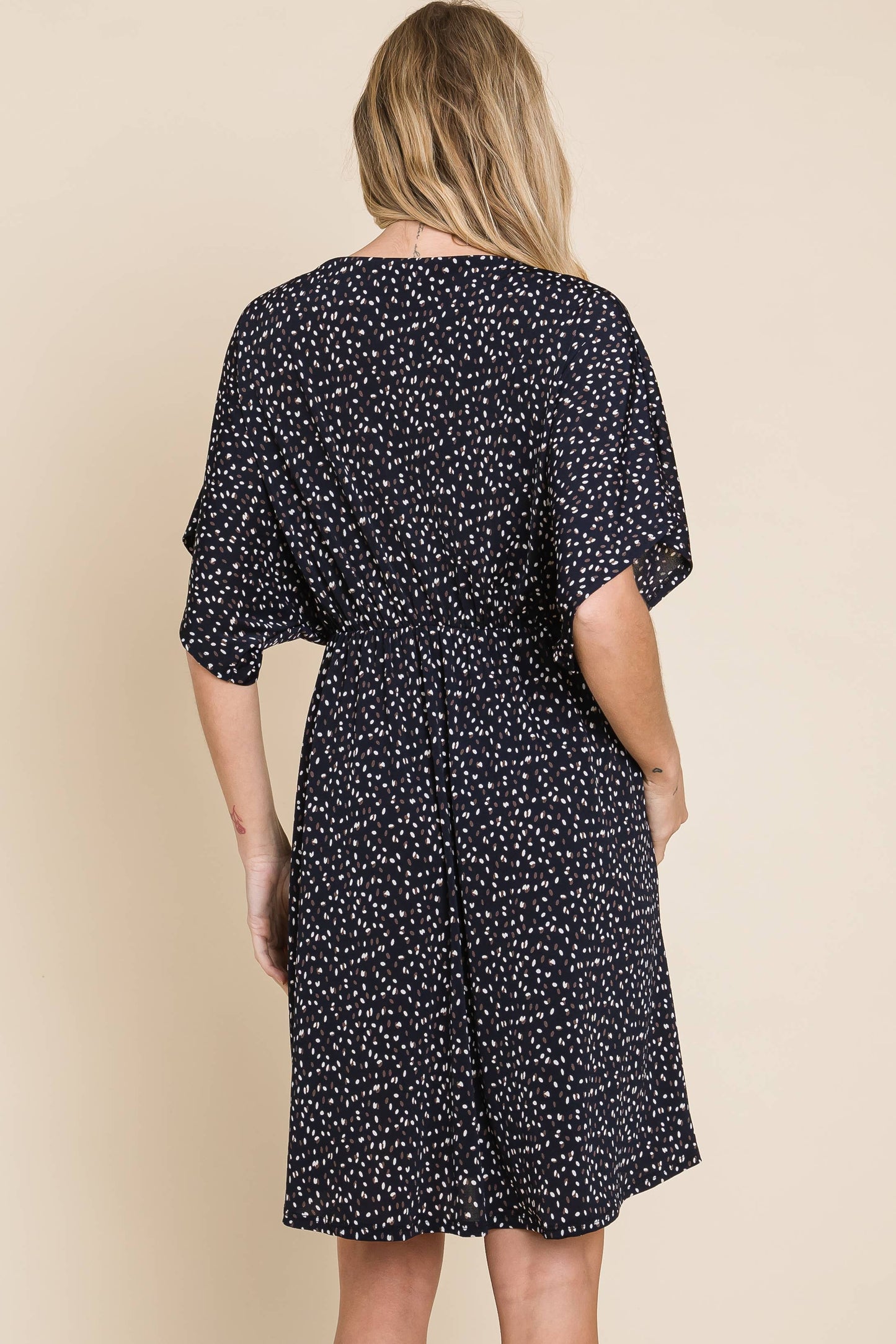 Blue Dot Wrap V Neck Dress