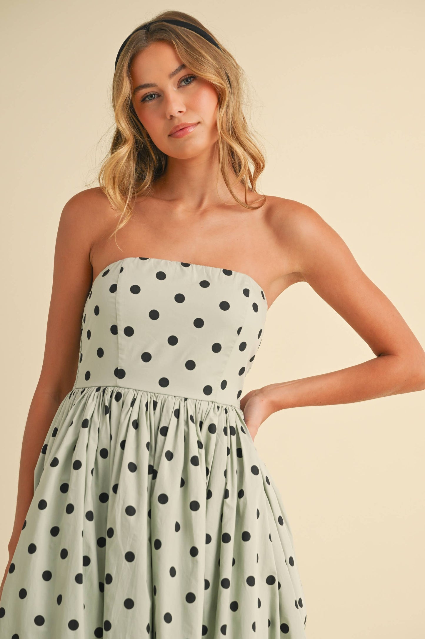 Polka Dot Strapless Tea Length Dress