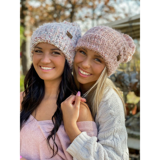 CC Beanie Multi Color Feather Knit Pom Beanie