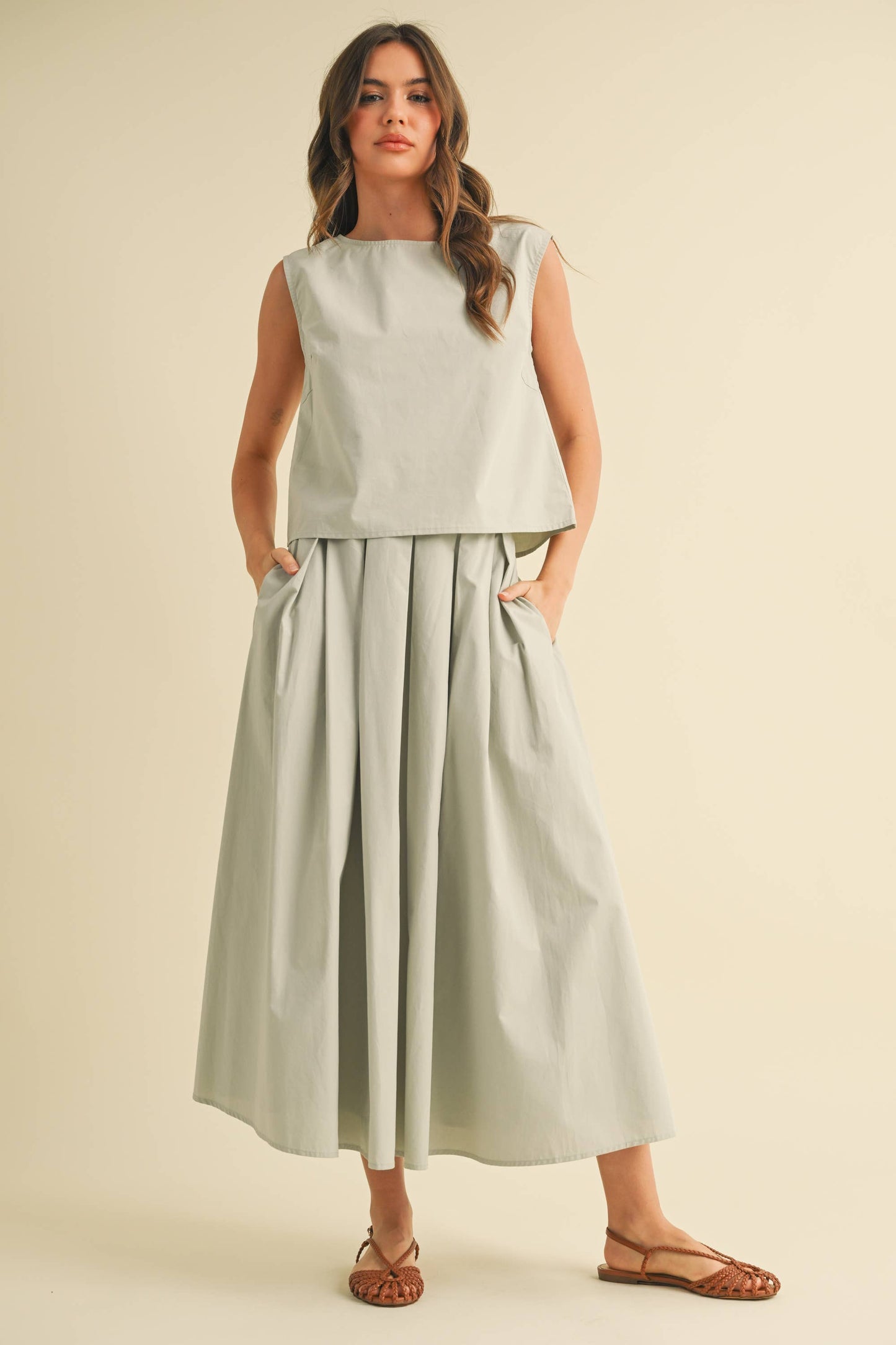 Sleeveless Top and Pleated Midi Skirt Set