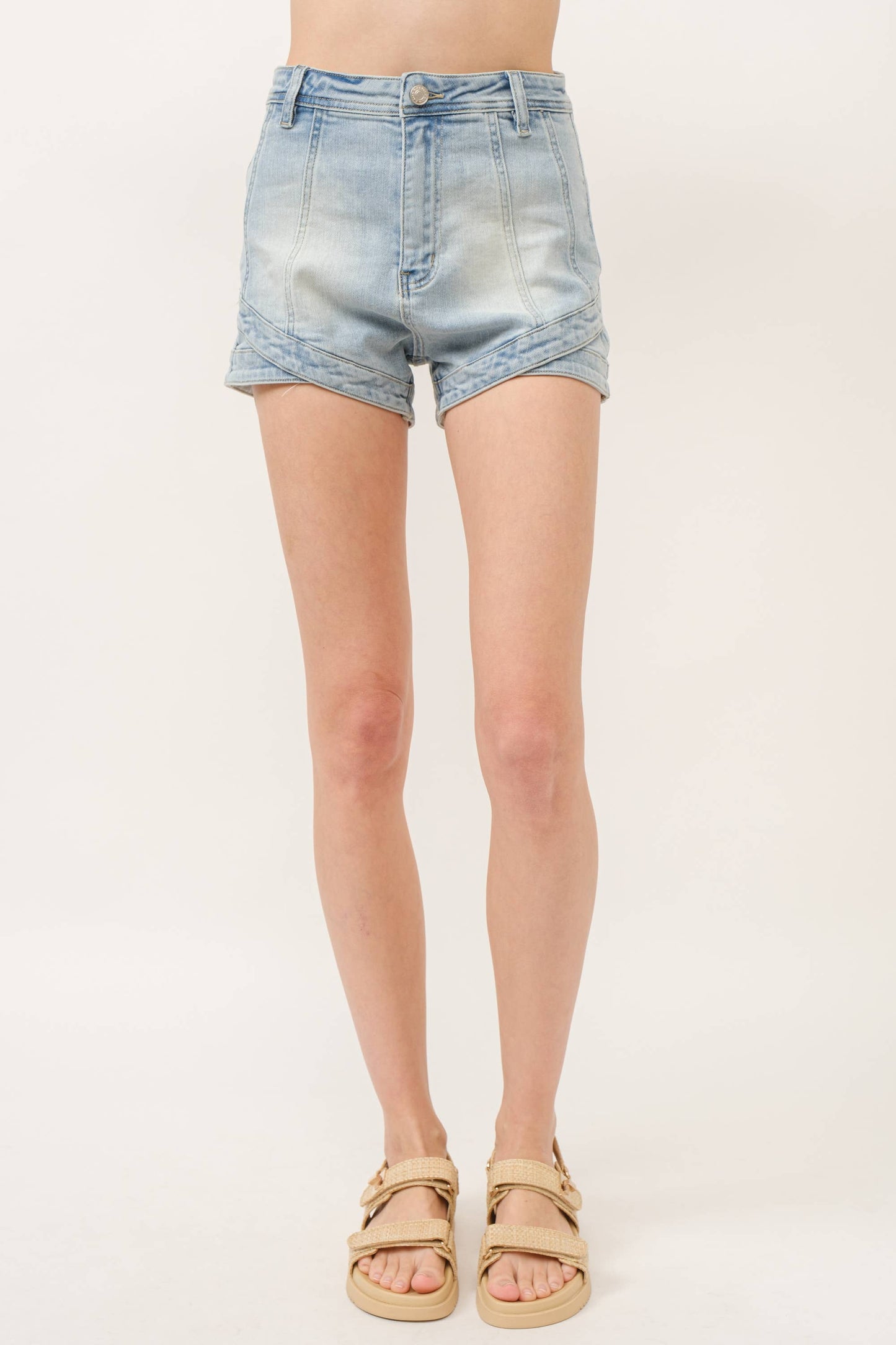 Stretched Denim Shorts w/ Curved Hem