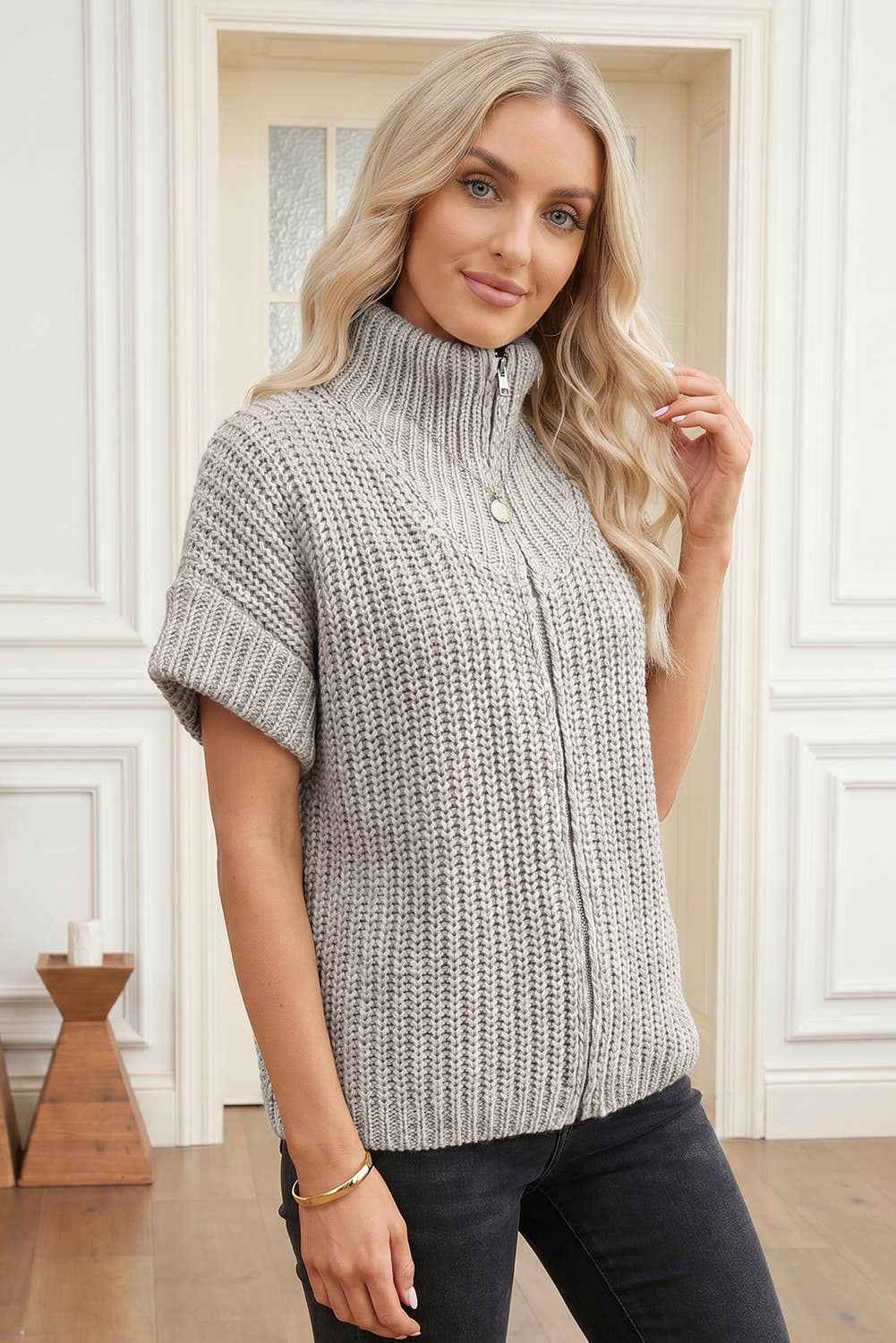 Textured Zip-Up Short Sleeve Sweater Cardigan
