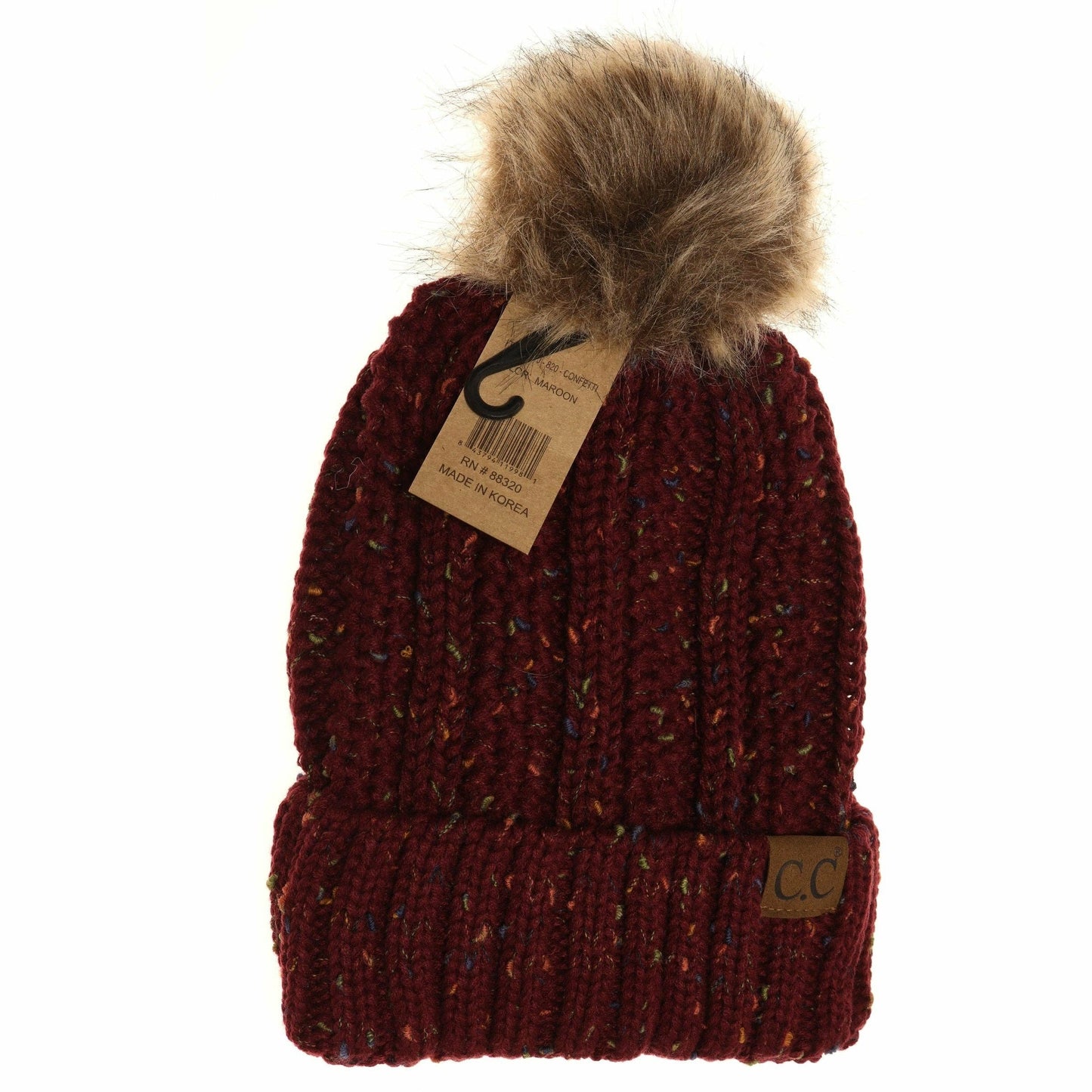 CC Beanie Fuzzy Lined Flecked Fur Pom