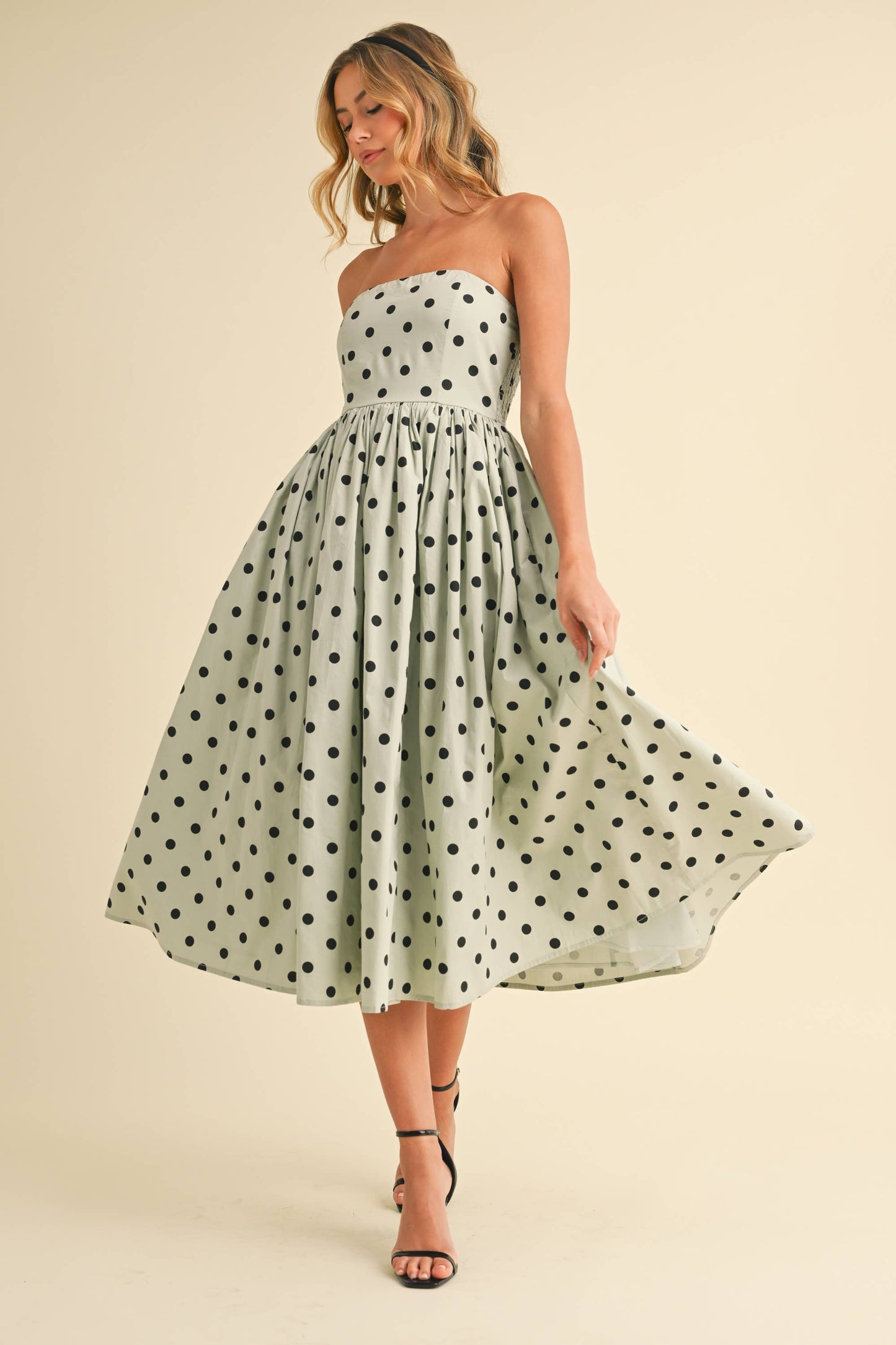 Polka Dot Strapless Tea Length Dress