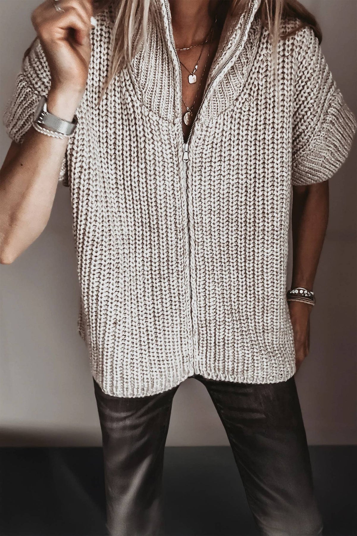 Textured Zip-Up Short Sleeve Sweater Cardigan