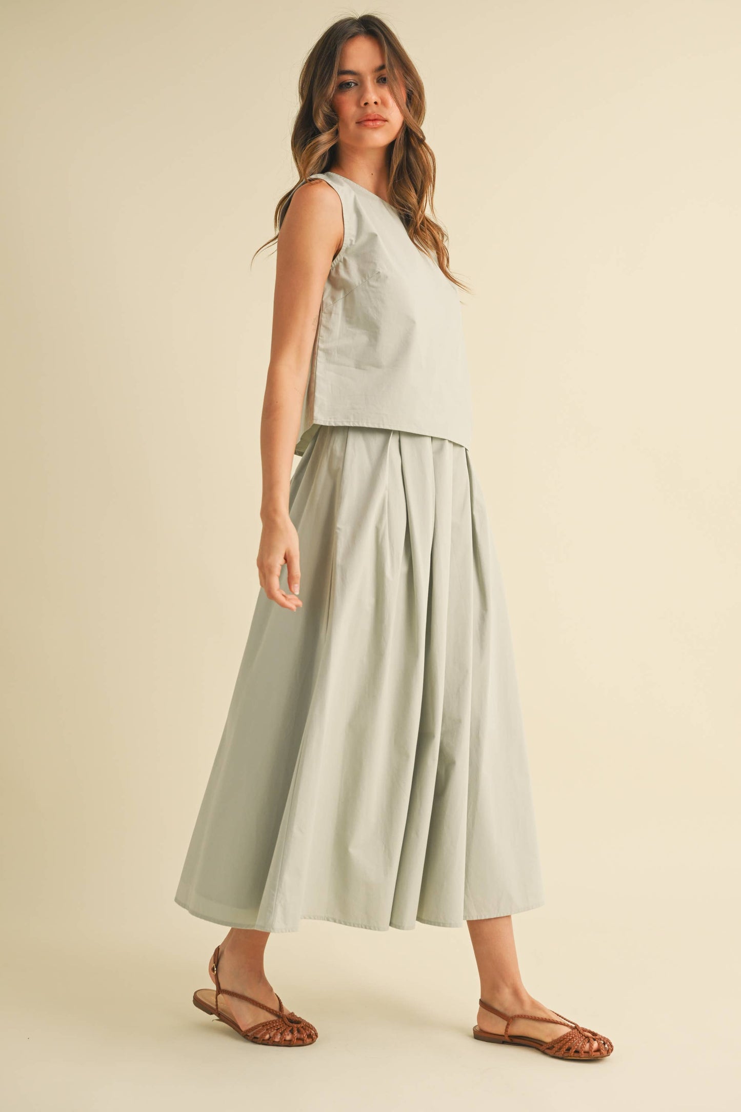 Sleeveless Top and Pleated Midi Skirt Set