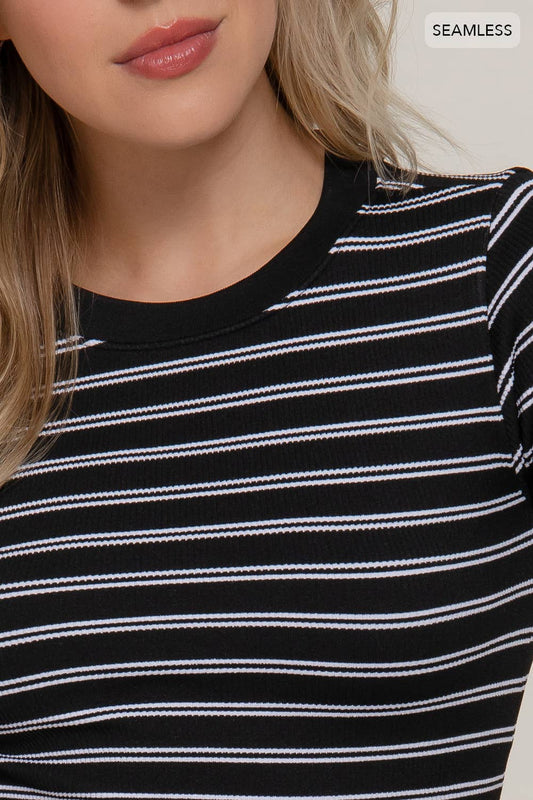 Short Sleeve Crew Neck Striped Seamless Top