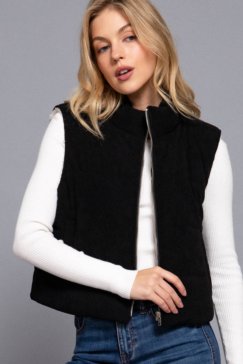 High Neck Inner Faux Fur Zip Up Corduroy Puffer Vest