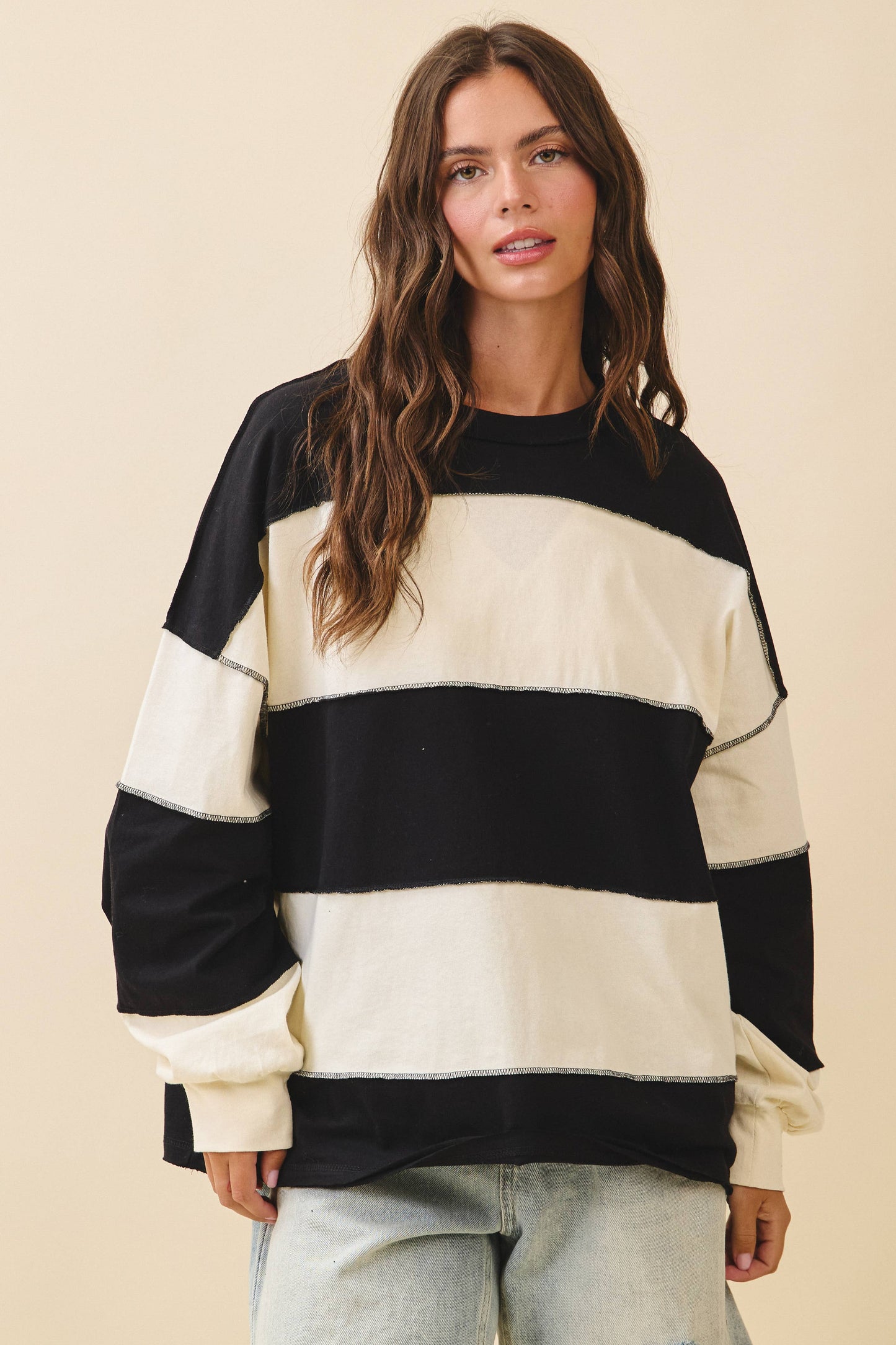 Contrast Panel Long Sleeve Slouchy Top