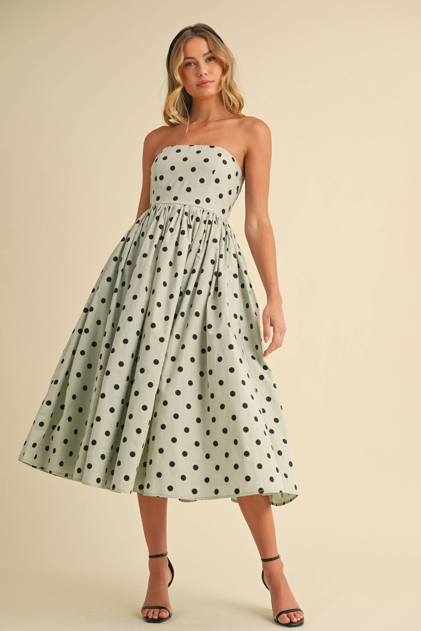 Polka Dot Strapless Tea Length Dress