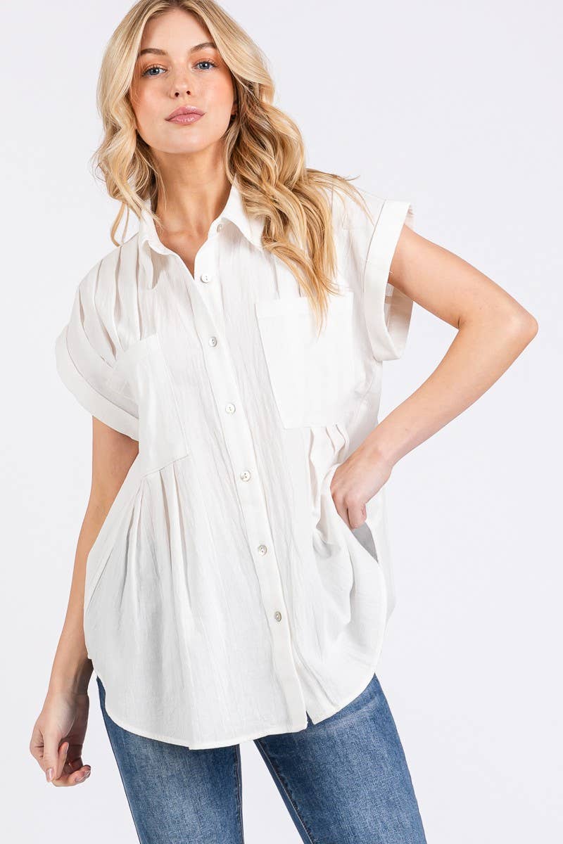 Pleated Cotton Button Down Top