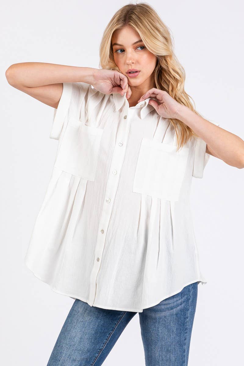 Pleated Cotton Button Down Top