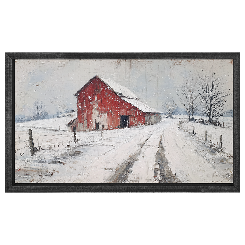 Country Winter - Red Barn near Road - Horizontal Box Frame