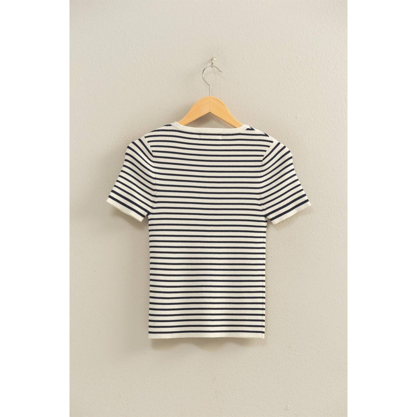 Striped Ribbed Short Sleeve Crew Neck Knit Top