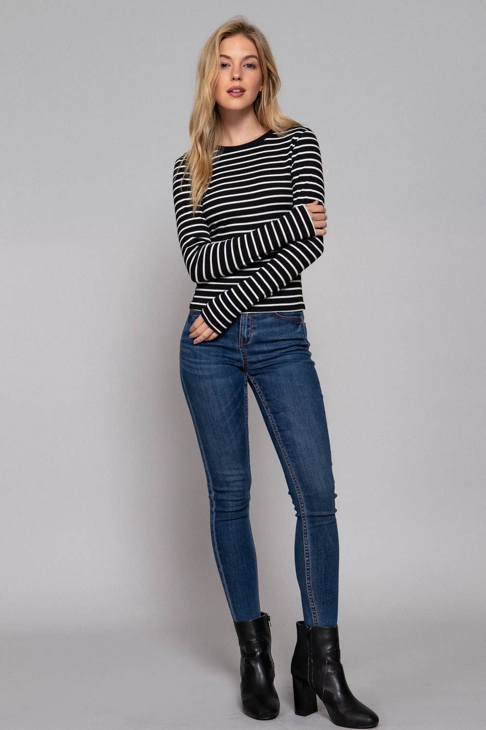 Long Sleeve Crew Neck Yarn Dyed Stripe Knit Top
