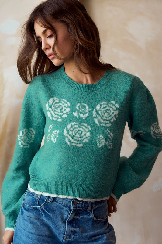 Green Rose Print Sweater