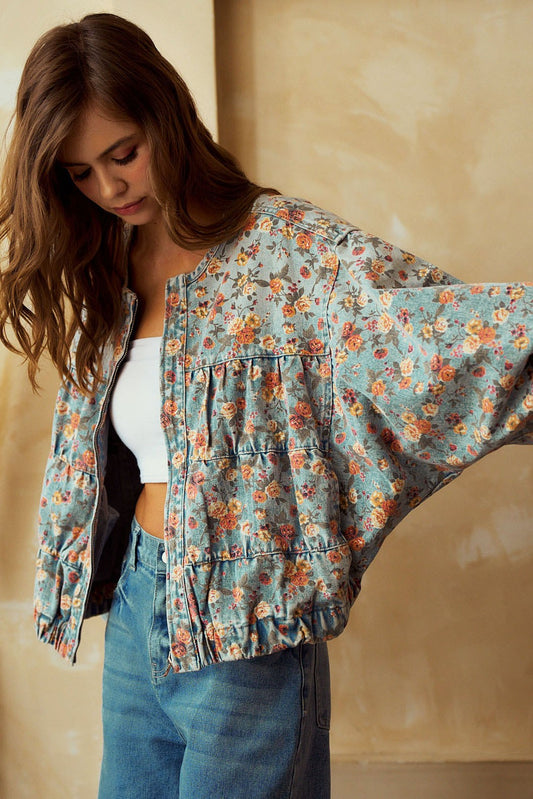 Washed Vintage Floral Denim Tiered Jacket