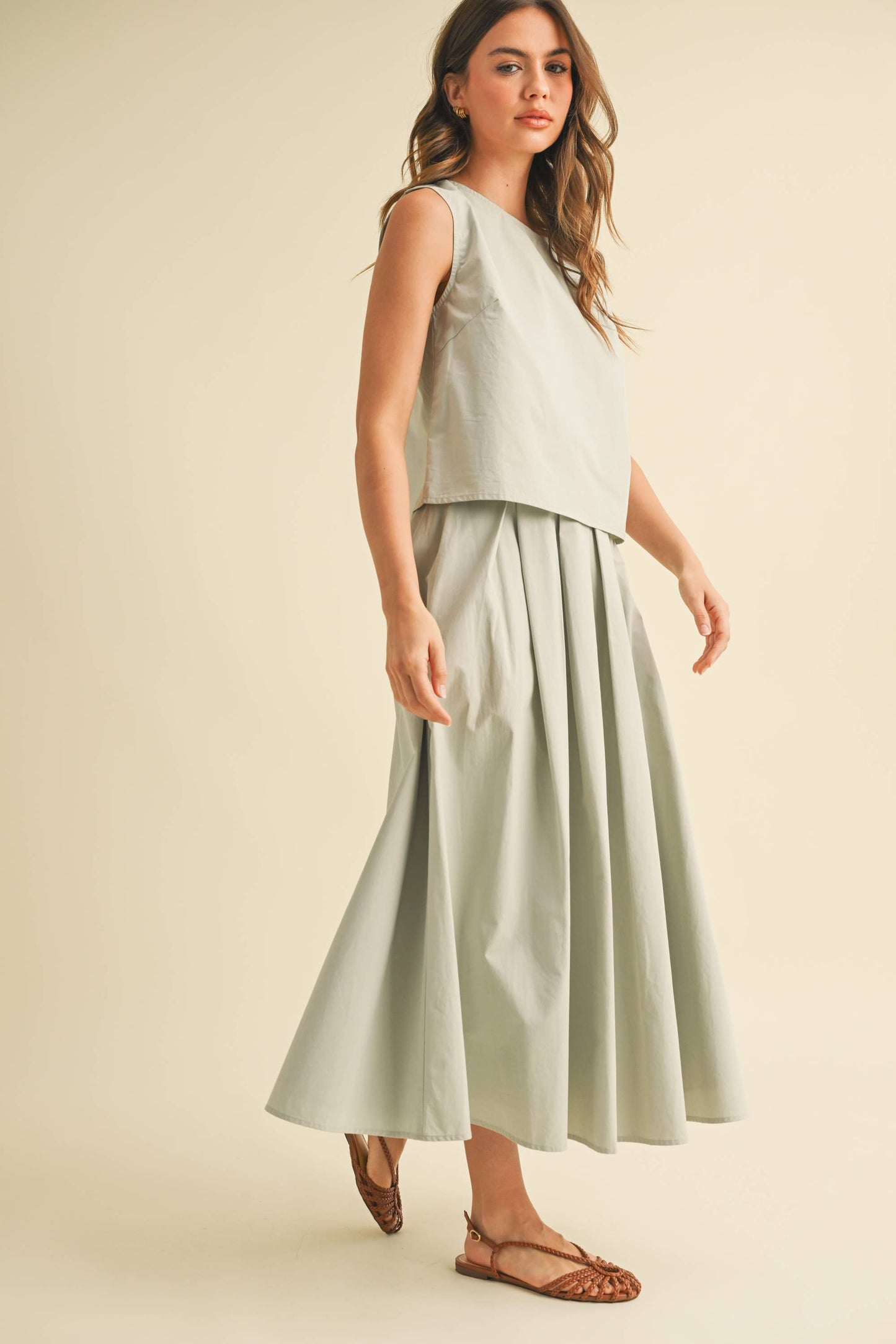 Sleeveless Top and Pleated Midi Skirt Set